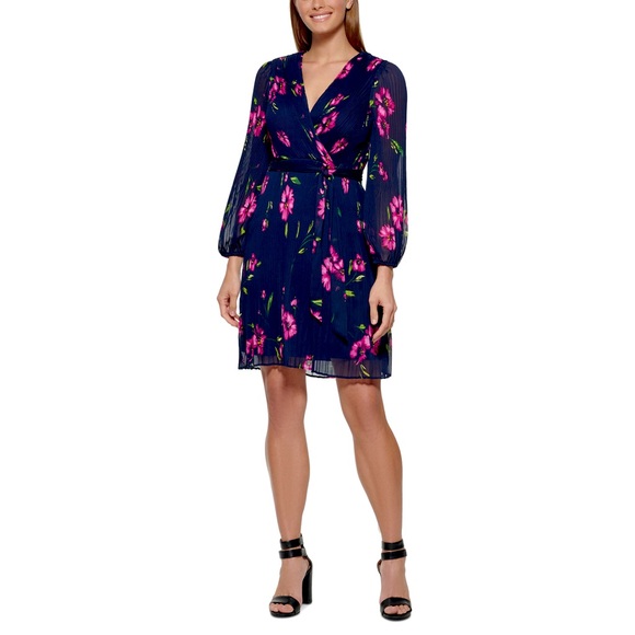 DKNY Printed Pleated Faux-Wrap Dress Navy with Pink Floral Size 8 - Picture 2 of 14